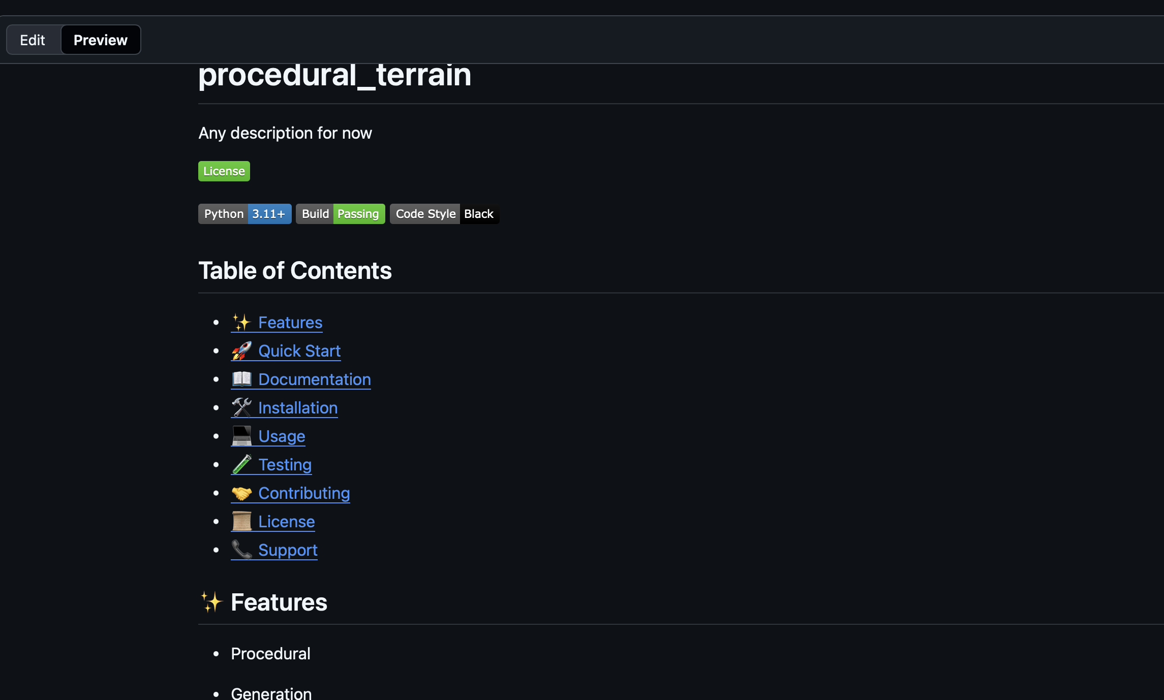 Generated README.md file showing professional formatting with badges, sections, and proper markdown structure